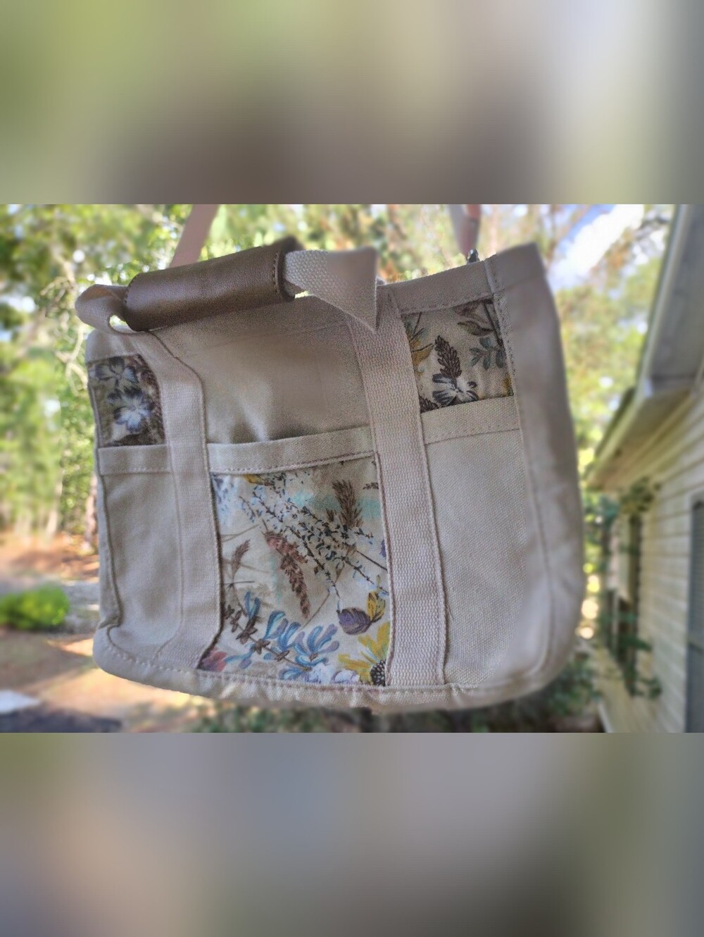 Canvas Floral Upcycled Pocket Tote Bag